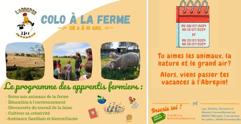 Inscriptions pour la COLO d'été à la ferme de l'Abrepin à Francheville à 20min de Dijon