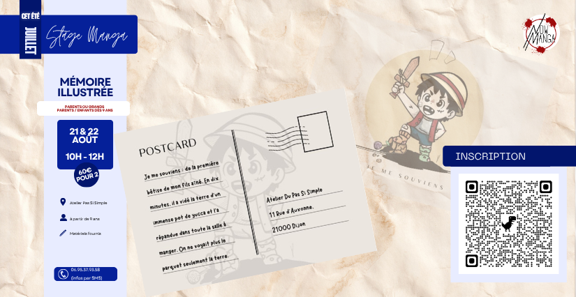 Mémoire illustrée stage créatif en duo (enfant + adulte), pendant les vacances d'été avec Now Manga à Dijon