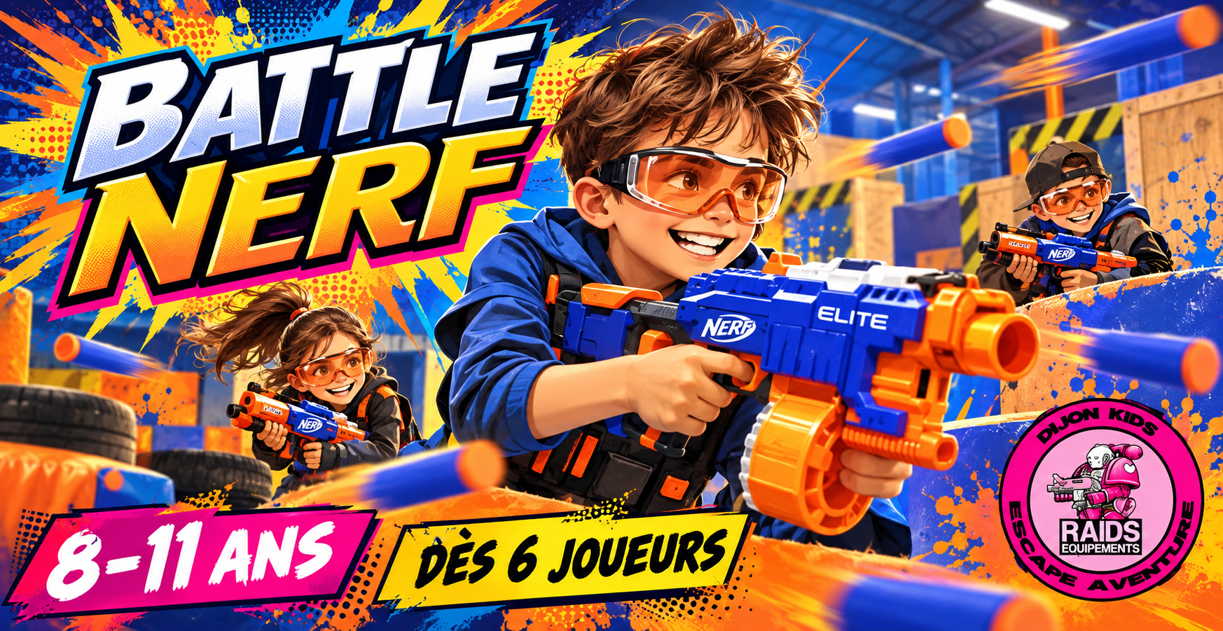 Aire de jeux chez Raids Equipments : sessions de Nerf (8-11 ans) en famille 